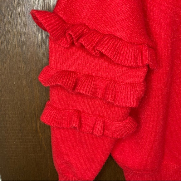Festive Line & Dot Medium Red Sweater with Ruffles on Sleeves, Holiday Sweater - Picture 3 of 7
